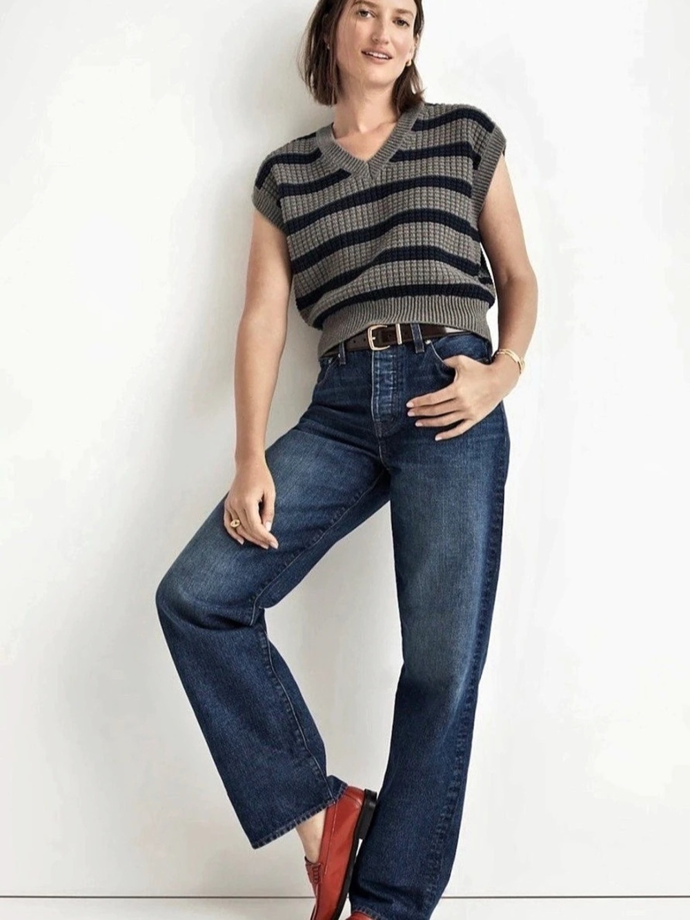Madewell Waffle-Knit Sweater Vest Striped V-Neck Sweater Vest Gray & Black XXS